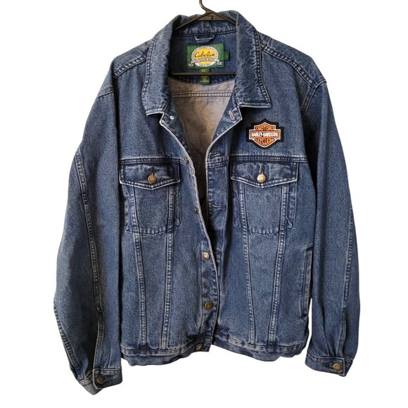Cabelas Outdoor Gear Long Sleeve Mens Denim Jacket Harley-Davidson Patches Large - Picture 1 of 12